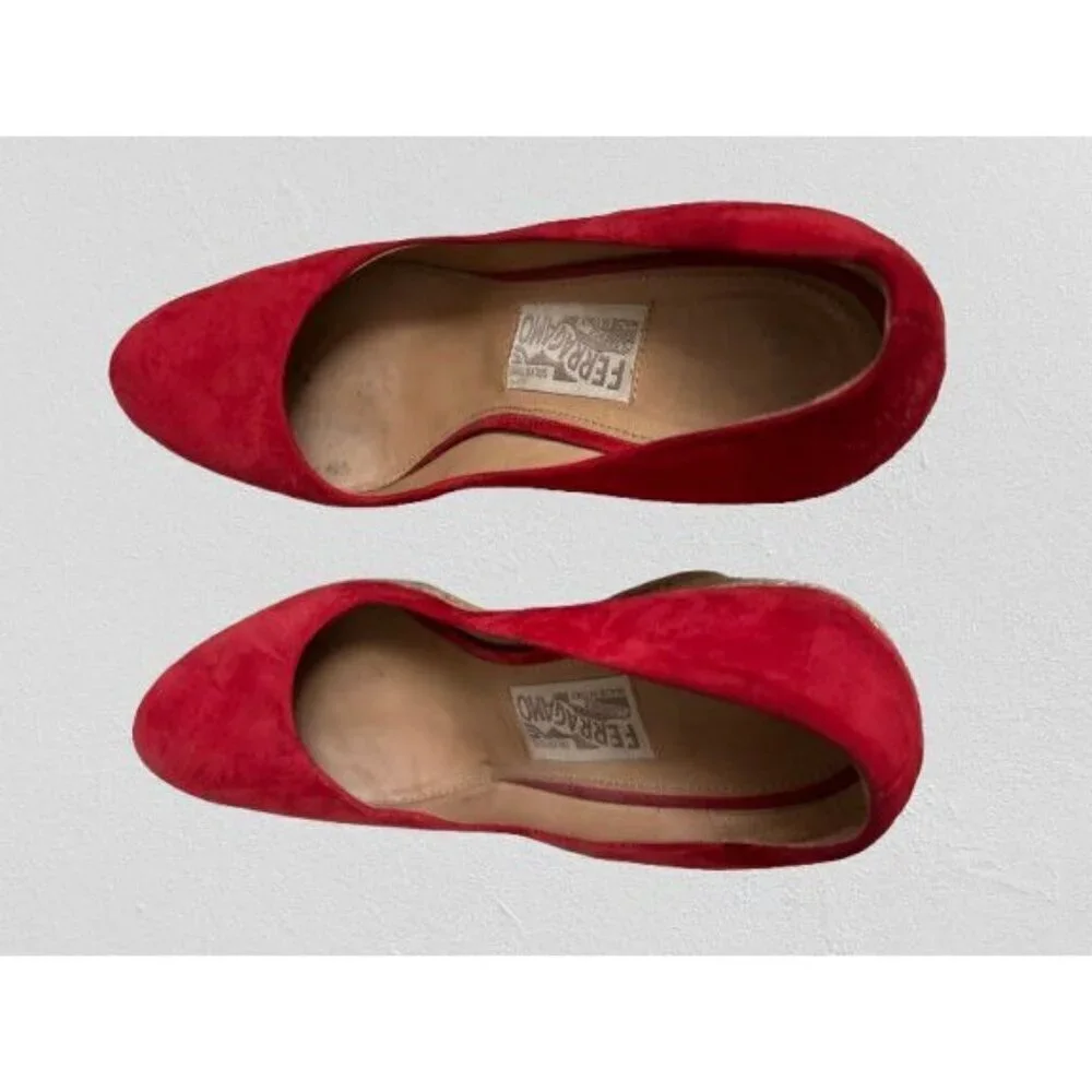 Salvatore Ferragamo Red Suede Bernie Espadrille Wedge Platform Pumps Size 8.5B